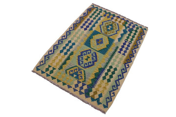 Flat Weave Kilim, Antique, Navaho, Vintage, Handmade, Geometric Kilim Beige Blue Hand-Woven Rectangle 100% Wool Area Rug 4 x 5